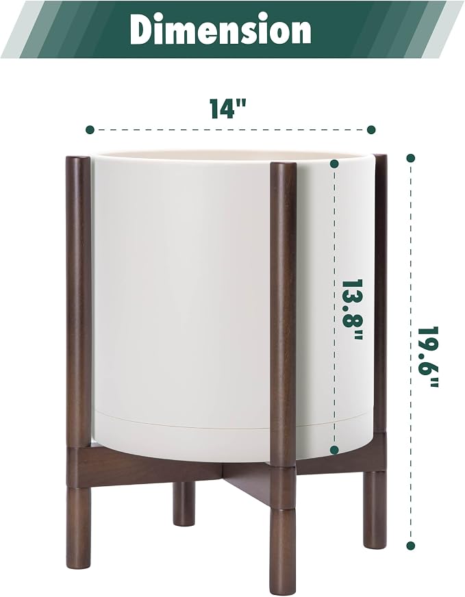 D'vine Dev Planter Pot with Stand - 14 Inch Plastic Cylinder Flower Pot with Wood Planter Holder for Indoor, Oatmeal Pot + Walnut Color Stand, 55-C-R-3