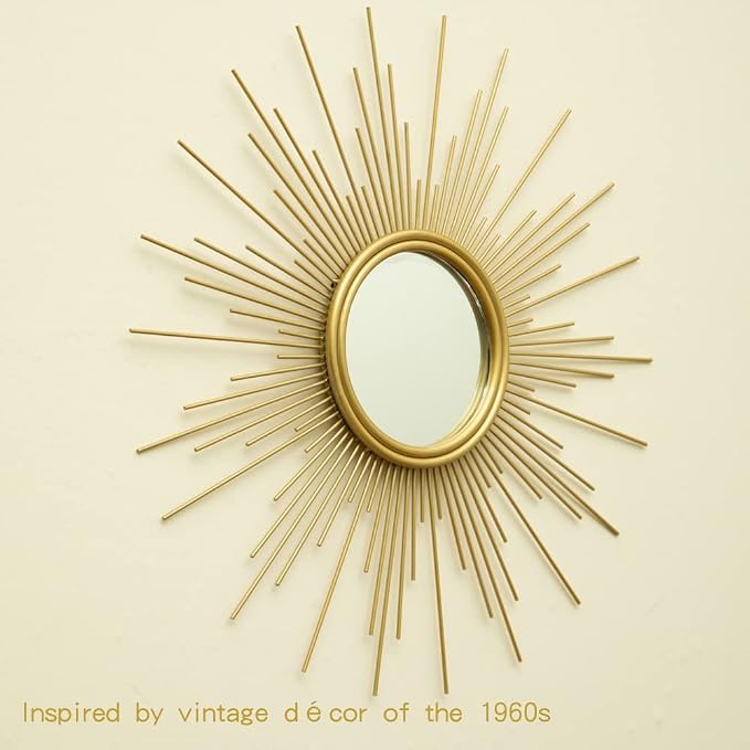 Sunburst Mirror, 24" Boho Mirror, Gold Sun Decorative Mirrors for Wall Decor, Small Mid Century Modern Small Living Room