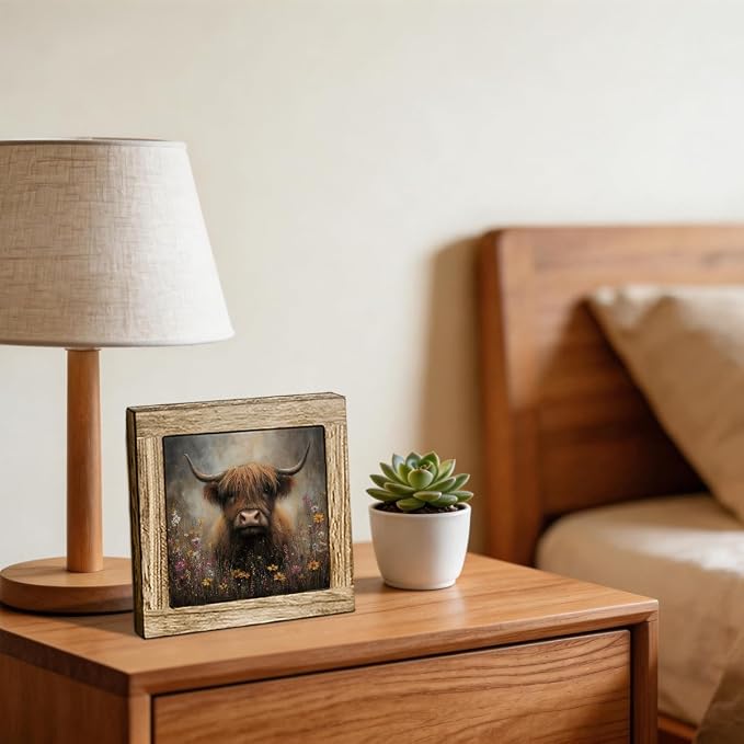 Highland Cow Wildflower Wooden Desktop Sign, Rustic Farmhouse Cow Wood Plaque Tabletop Decor, Country Floral Cattle Wooden Sign for Home Office Shelf