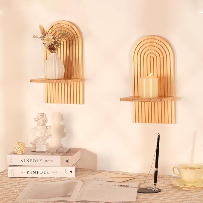 Boho Wall Decor Set of Two - Natural Modern Minimalist Mid Century MCM Wall Candle Holder for Living Room - Wood Bohemian Decor for Bathroom Nursery Bedroom