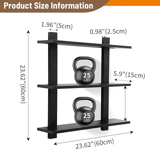PHOENANCEE 3 Tier Floating Shelves,Long Wall Shelf,Over The Toilet Shelves Bathroom Hanging Display Storage Rustic for Living Room Bedroom Kitchen Office Coffee Bar Decor Decorative,24 Inch,(Black)