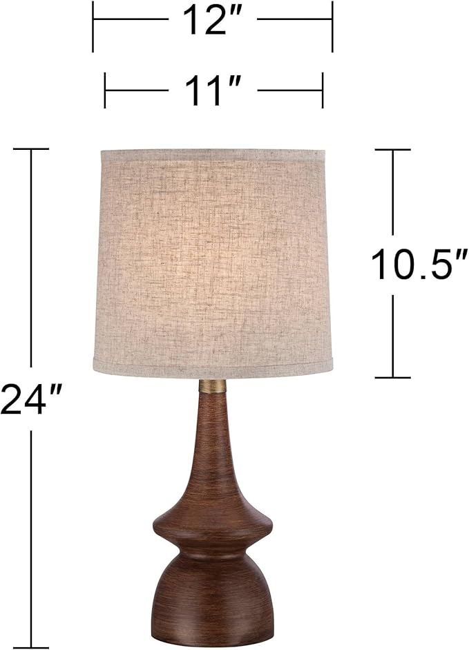360 Lighting Rexford Mid Century Modern Table Lamp 24" High Walnut Faux Wood Brown Off White Linen Tapered Drum Shade for Bedroom Living Room House Home Bedside Nightstand Office Kids Family