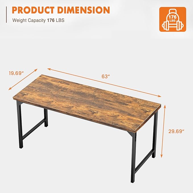Sweetcrispy Small Computer Office Desk 63 Inch Student Study Writing Work with Metal Frame Wood Tabletop Modern Simple Home Bedroom PC Table Perfect for Small Spaces - Brown