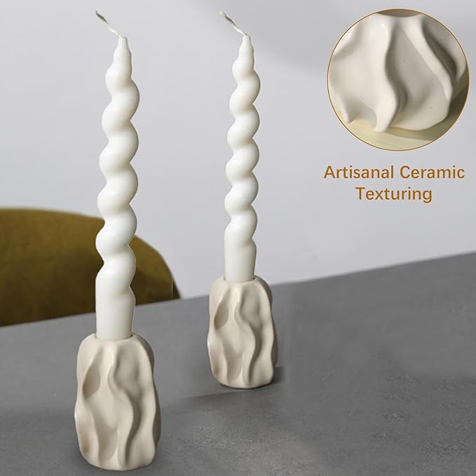 2 Pcs White Ceramic Pillar Candle Holders, Classic Elegant Candle Stands for Wedding, Dinner Party, French Country Fireplace & Home Decor