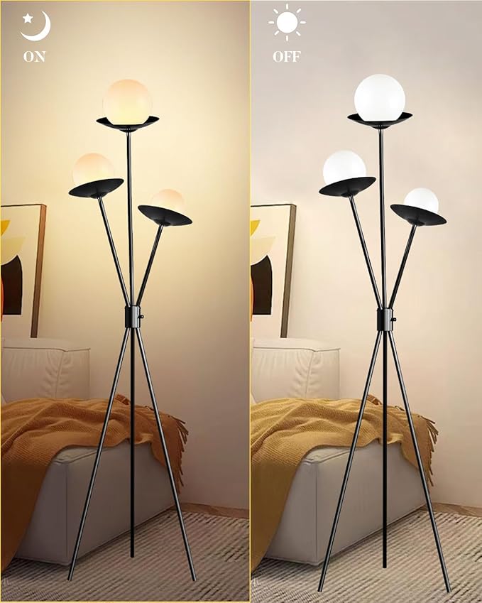 3 Globe Dimmable Tripod Floor Lamp, Mid Century Floor Lamps with 3Pcs 3000K Bulbs Included, Modern Standing Tall Lamp for Living Room Bedroom Office-Black