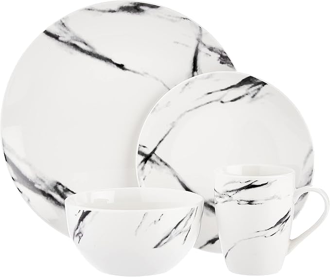 American Atelier Marble Black Coup Casual Round Porcelain Dinnerware Set-16 Piece Party Collection w/ 4 Dinner Salad Plates, 4 Bowls & 4 Mugs, 10.5", White