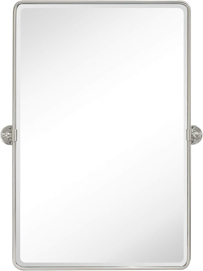 TEHOME Brush Nickel Pivot Rectangle Bathroom Vanity Mirrror Farmhouse Tiltable Rounded Metal Framed Pivoting Bathroom Mirror with Beveled Mirrror, Overall 26.91 x 35 inches (Mirrror 23 x 35 inches)