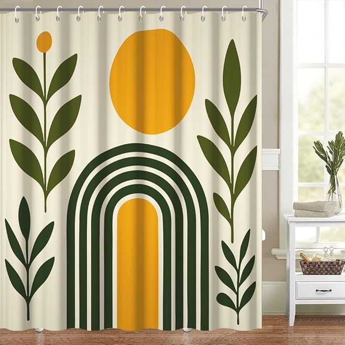 Modern Boho Shower Curtain for Bathroom Abstract Minimalist Bathroom Decor Set Green Leaves Arch Sun Bathtub Curtains Machine Washable Waterproof Polyester Fabric with Hooks 72x78 Inch