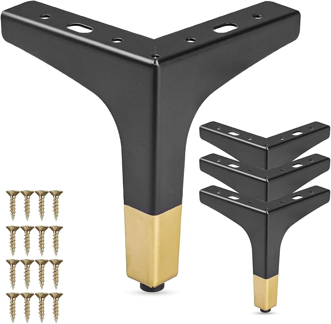 La Vane 7 Inch Metal Furniture Legs, Set of 4 - Modern Diamond Triangle Black/Gold DIY Replacement Feet Corner Legs for Cabinet, Sofa, Sideboard, Couch, Dresser Makeover