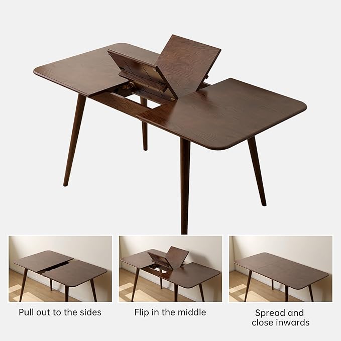 39’’-55’’ 100% Oak Extendable Dining Table, Solid Wood Folding Kitchen Table, Mid Century Modern Dinner Table for Kitchen, Apartment, Living Room (39''-55'' Walnut)