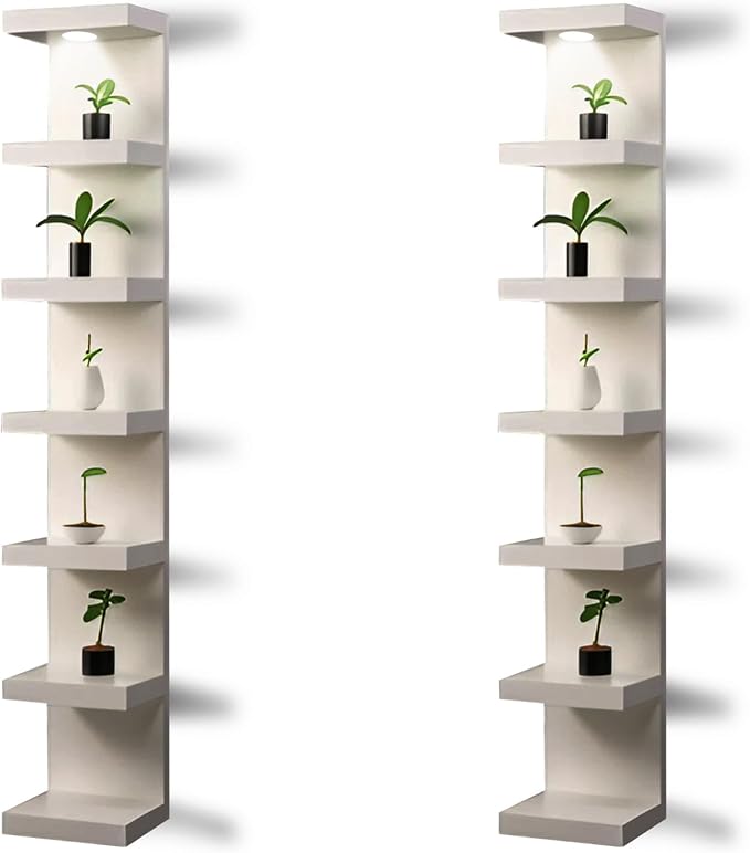 Home Stuff Wall Shelf Unit, 11 3/4x74 3/4,Use Fixing Devices Suitable for The Walls in Your Home, 7 Tier Vertical Lack Wall Shelves, Column Shelf Organizer & Storage for Bedroom(2 x White with LED)