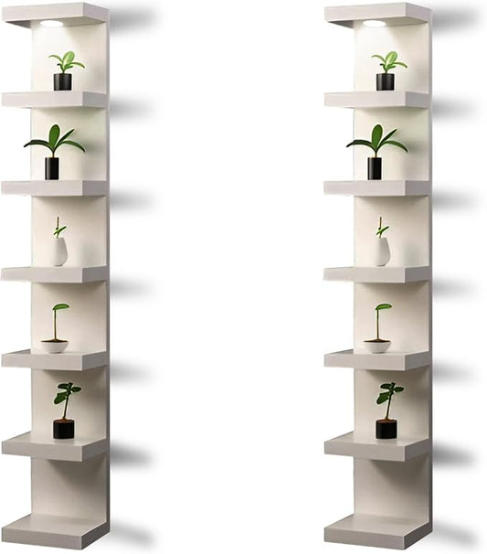 Home Stuff Wall Shelf Unit, 11 3/4x74 3/4,Use Fixing Devices Suitable for The Walls in Your Home, 7 Tier Vertical Lack Wall Shelves, Column Shelf Organizer & Storage for Bedroom(2 x White with LED)