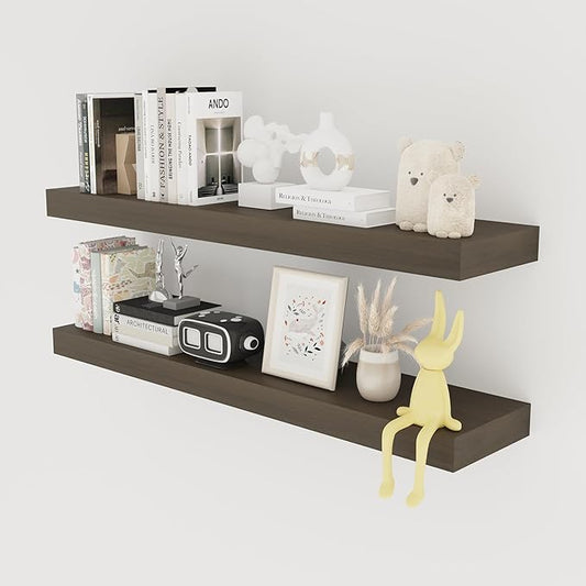 Floating Shelves Board for Wall with Brackets –42" L x 8" W x 2" T Rich Walnut Melamine Wood Floating Shelves for Bathroom, Kitchen & Living Room Set of 2– DIY & Replacement