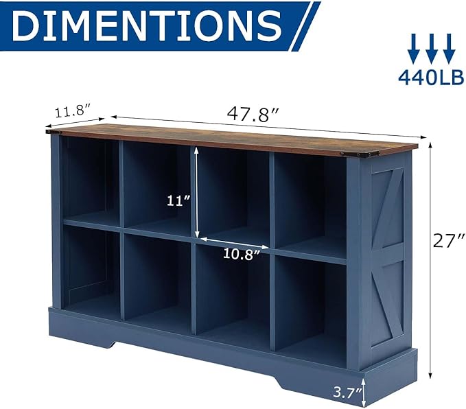 8 Cube Storage Organizer, 2 Tier Book Shelf with Led Lights, Farmhouse Book Shelves for Living Room, Horizontal Toy Storage Bookshelf, Wood Display Bookcase Cabinet for Bedroom, Office, Blue