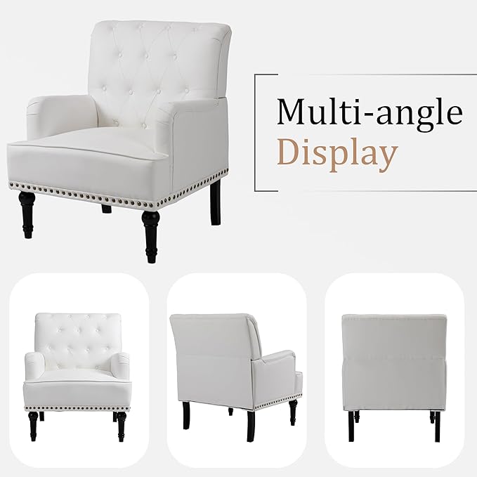 MOJAY Modern PU Leather Accent Chair Set of 2, Mid-Century Living Room Lounge Club Chair with Rivet Trim, Single Sofa Reading Arm Chair for Bedroom Home Office Study Lounges(White)