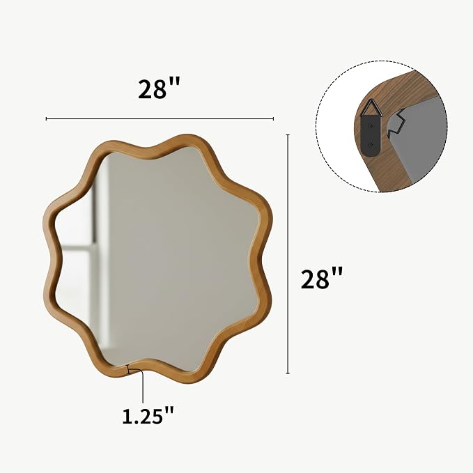 ZIYOO Star Shaped Wall Mirror, Natural Wood Grain Scalloped Edge Decorative Mirror, Boho Accent Mirror for Entryway Bathroom Living Room Bedroom (Wood,28")