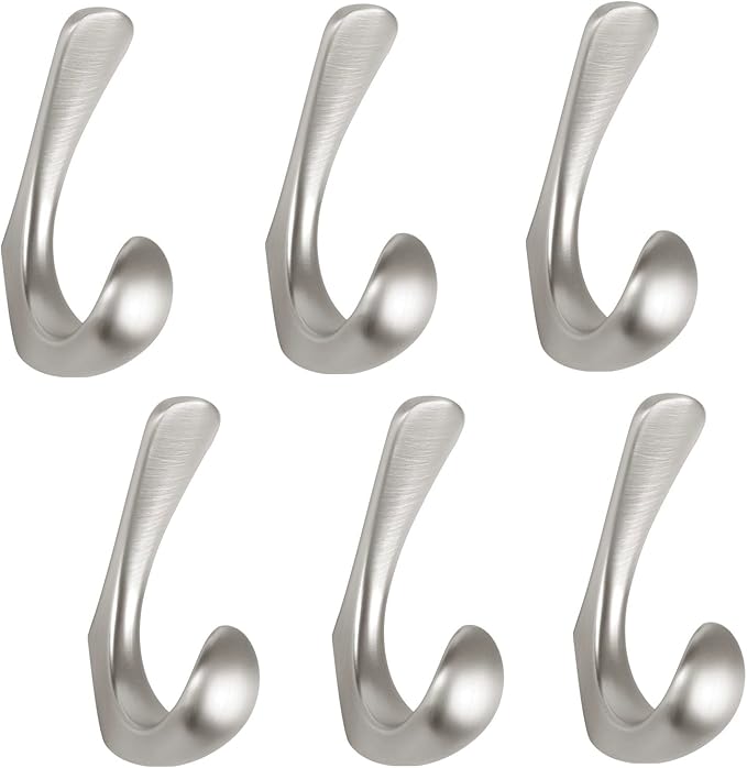 6 Pack Towel Hooks for Bathrooms Wall Mounted, Brushed Nickel Bathroom Hooks for Towels, Robe & Towel Hook for Wall, Modern Bath Towel Hook