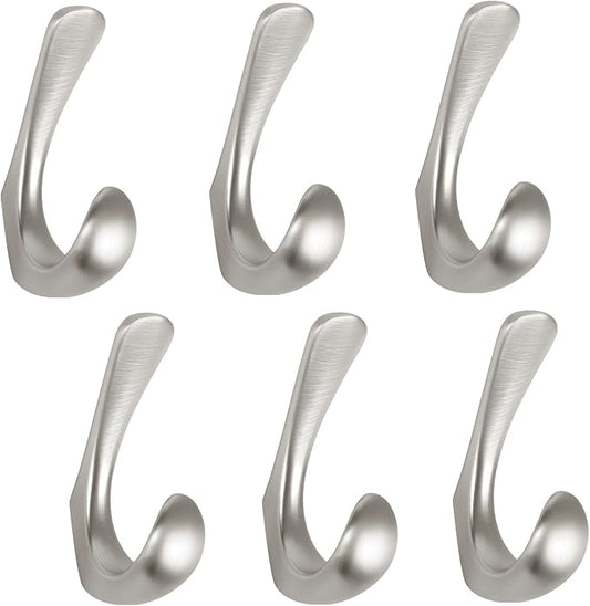 6 Pack Towel Hooks for Bathrooms Wall Mounted, Brushed Nickel Bathroom Hooks for Towels, Robe & Towel Hook for Wall, Modern Bath Towel Hook