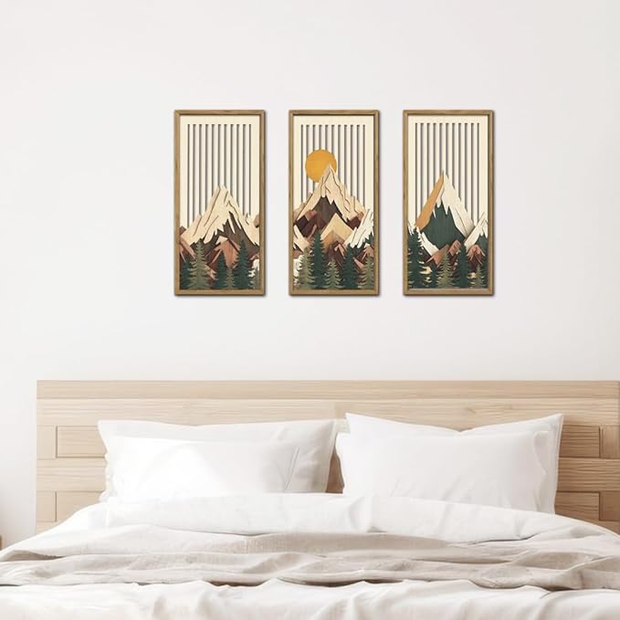 IARTTOP Mountain Sunrise Wall Art Set of 3 Framed Layered Wood Landscape Decor Forest Pine Tree Wall Decor Nature Wilderness Art Prints for Living Room Bedroom Office 8 x16 Inch