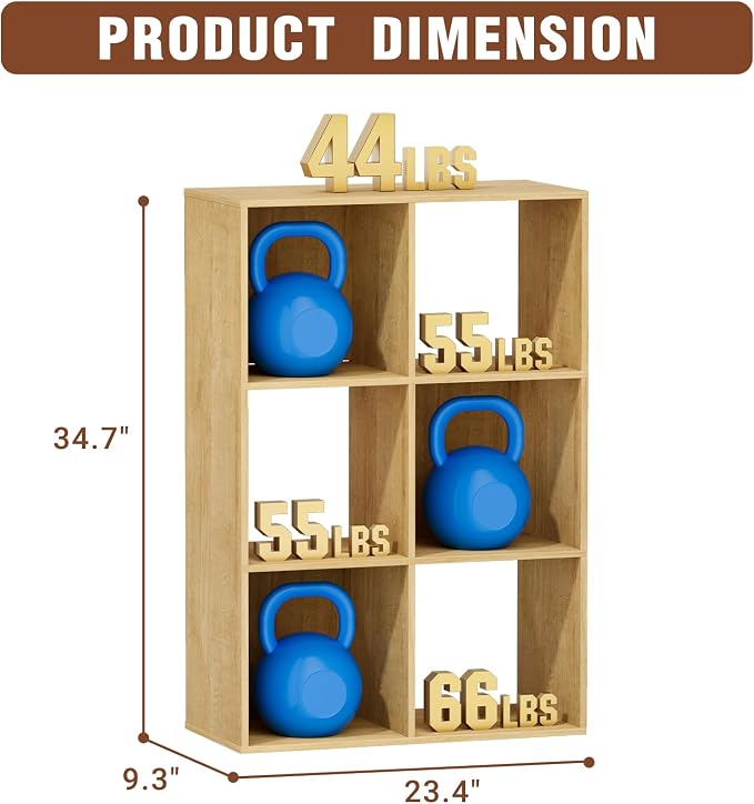 6 Cube Storage Organizer, Open Bookshelf Storage Cubes Shelf with Back Panel, Wooden Display Shelf Bookcase Standing Shelves for Living Room, Bedroom, Home Office (Oak, 6-Cube)