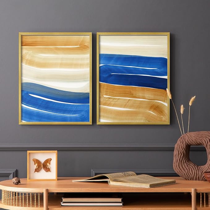 Renditions Gallery Set of 2 Peel & Stick Framed Prints, Abstract Wall Art, Blue and Gold Wave Textured Background Wall Decor, Re-Stickable - Ready to Hang - 8"x10" - GOLD Frame LT588