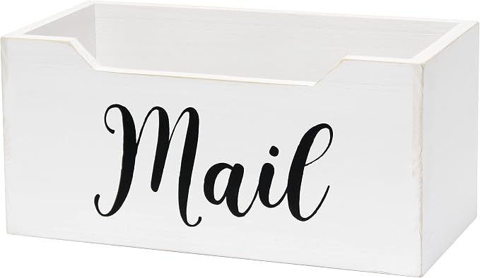 Elegant Designs HG2010-WMB Rustic Farmhouse Wooden Tabletop Black Script Word Mail Organizer Box, Letter Holder Office Accessories Decor, White Wash