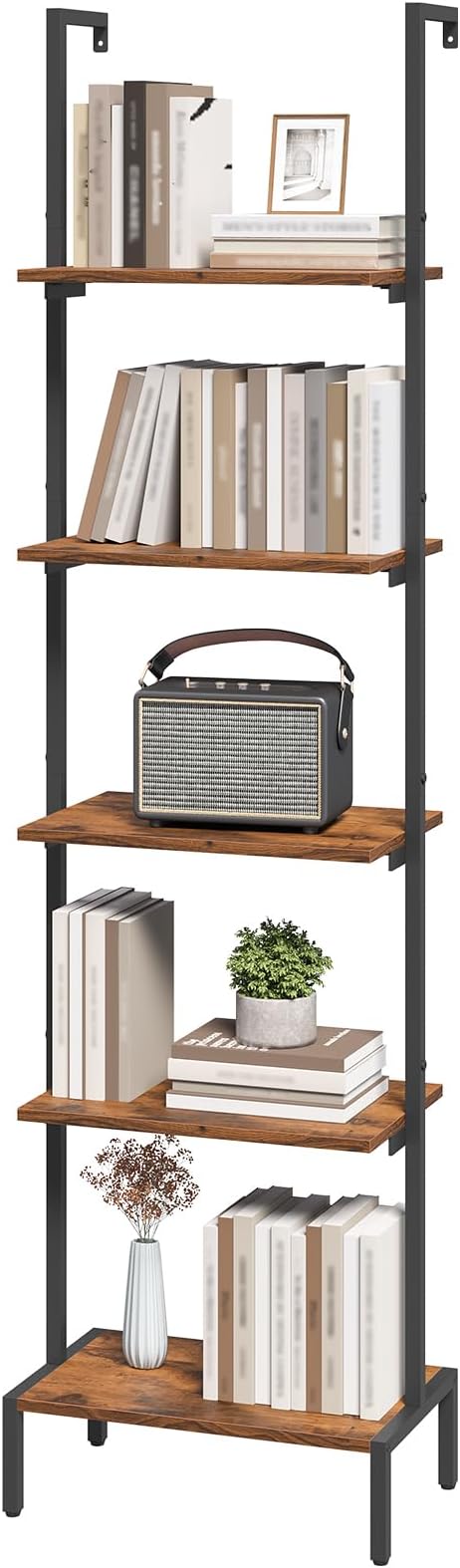 MAHANCRIS Ladder Shelf, 5-Tier Bookshelf, Ladder Bookcase with Wall Mount, Heavy Duty Industrial Style Storage Rack for Living Room, Office, Kitchen, Bedroom, Rustic Brown and Black LSHR5501
