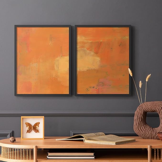 Renditions Gallery Set of 2 Peel & Stick Framed Prints, Abstract Wall Art, Rustic Fain Marking with Brush Strokes Wall Decor, Re-Stickable - Ready to Hang - 11"x14" - Black Frame LT588