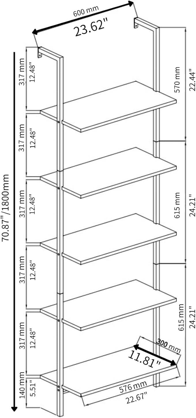Karl home Ladder Shelf 5 Tier Wall Mounted Bookcase with Metal Frame, Open Design Shelves for Living Room, Bedroom, Home, Dark Walnut (23.62" L x 11.81" W x 70.87" H)