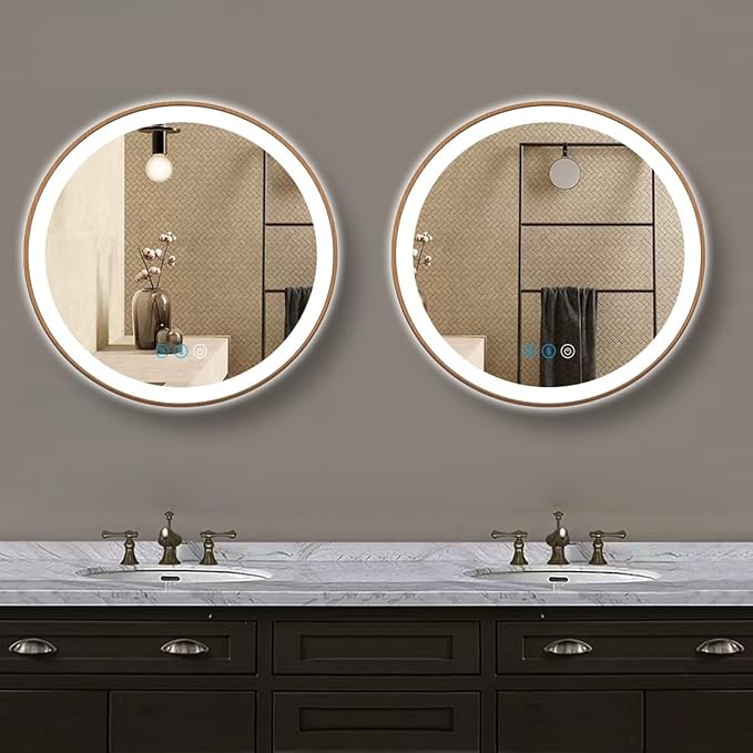 24 Inch Wood Bathroom Round LED Mirror with Lights Wood Frame Round Lighted Mirror for Bathroom Wall Round Vanity Lighted Mirrors 3 Color Dimmable Anti Fog Bathroom Circle Smart Light up Mirror