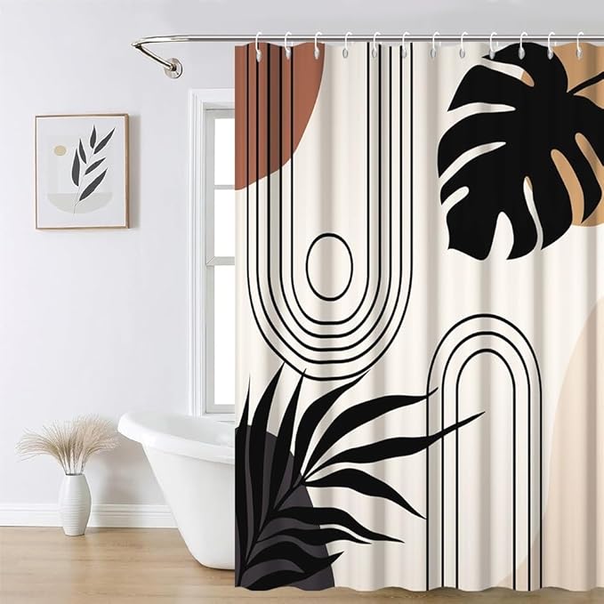 Modern Bohemia Bathroom Curtain Beige Abstract Minimalist Bathroom Decor Set Stripes Arch Sun Palm Leaves Chic Aesthetic Washable Waterproof Polyester Fabric with Hooks 69x70 Inch