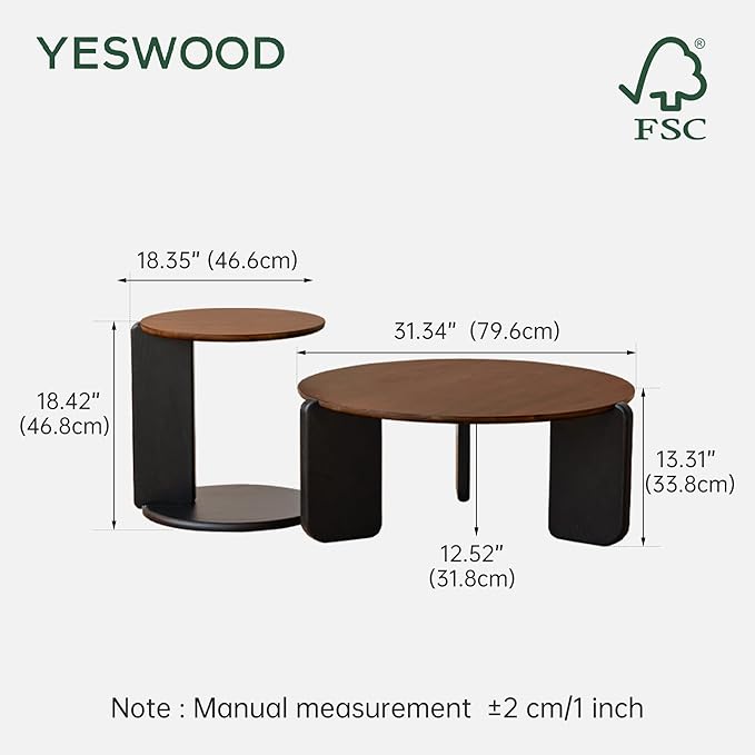 YESWOOD Round Coffee Table Set of 2, Solid Walnut Wood Top Coffee Table with Oak Legs, Mid Century Morden Living Rooom Table, Small Coffee Table for Bedroom Balcony Living Room