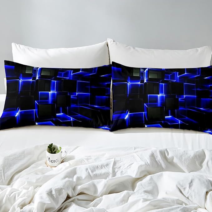 Erosebridal Abstract Duvet Cover, Modern Geometric Grid Square Twin Bedding Sets, Blue Black Honeycomb Bed Cover Soft Microfiber Polyester Bed Set for Kids Boys Bedroom(No Comforter)