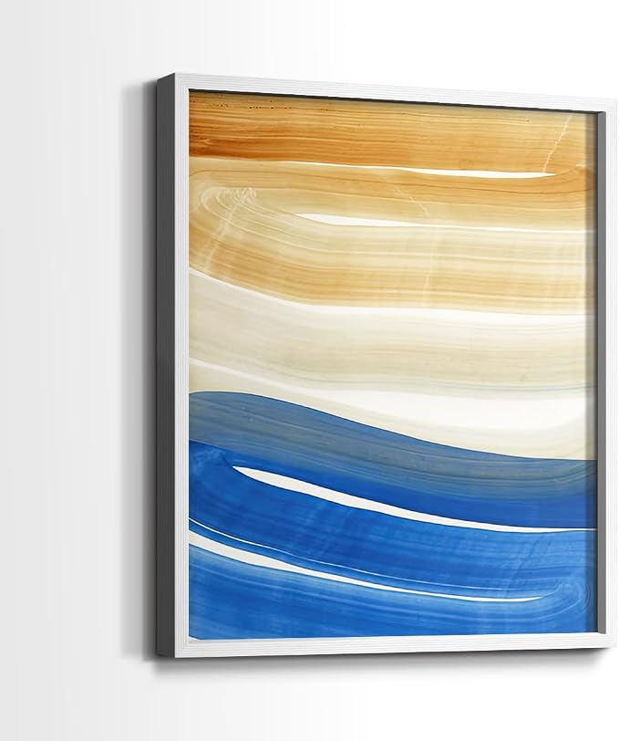 Renditions Gallery Set of 2 Peel & Stick Framed Prints, Abstract Wall Art, Blue and Gold Wave Textured Background Wall Decor, Re-Stickable - Ready to Hang - 16"x20" - White Frame LT588