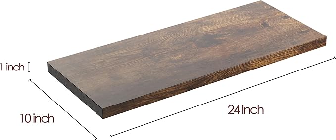 Wall Shelf Set of 2, Rustic Brown Floating Shelves 24 in W x 10 in D x 1 in H, Wooden Floating Wall Shelf with Invisible Brackets for Living Room/Bedroom/Bathroom/Kitchen Storage and Decor