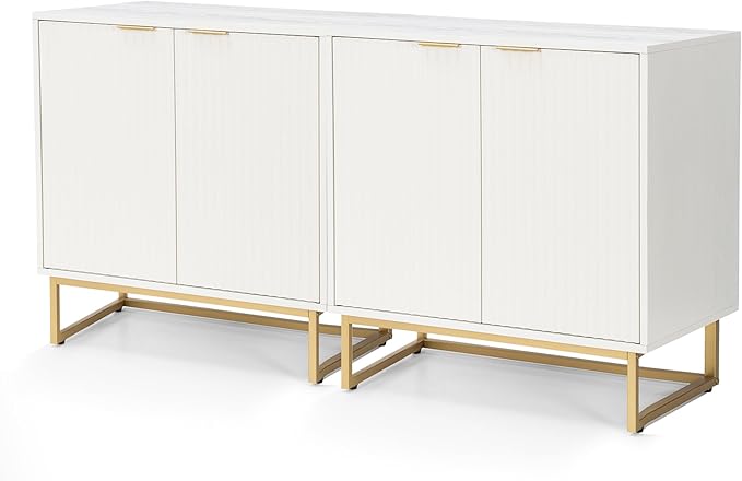 Fluted Storage Cabinets Set of 2, Sideboard Buffet Cabinet Accent Cabinet with Adjustable Shelves, Modern Credenza, Console Table Entryway Cabinets for Living Room, White