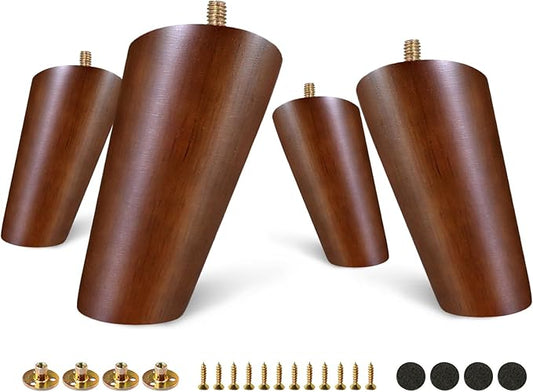 FoDau770 Brown Rubber Wood Furniture Legs 4 Inches, Slant Tapered Wood Feet Mid Century Sofa Legs Set of 4, 5/16" UNC Furniture Feet Replacement Parts for Cabinet Couch Dresser Chair Ottoman Table