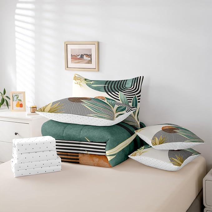 Erosebridal 7 Piece Boho Mid Century Bedding Sets King Modern Abstract Geometric Comforter Set for Women Men,Retro Minimalist Aesthetic Bed in a Bag Line Art Sheet Set with Comforter,Green