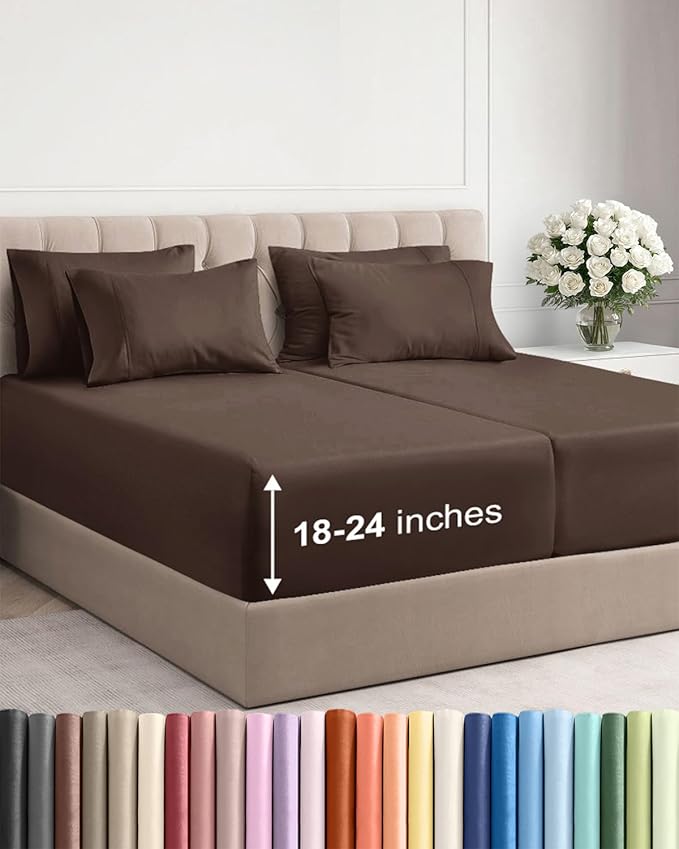 Extra Deep Split King Sheet Set - 7 Piece Breathable and Cooling Sheets - Hotel Luxury Bedding for Women, Men, Kids & Teens - Easy Secure Fit - Soft, Wrinkle Free & Comfy - Extra Deep Pockets - Brown