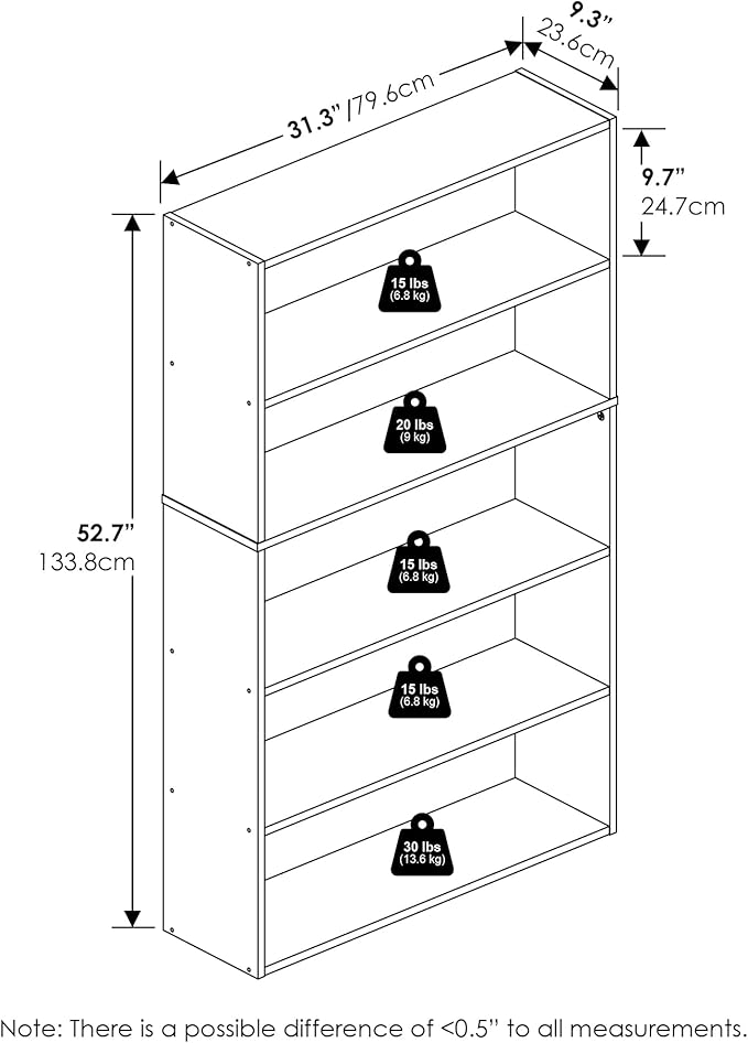 Furinno PASIR Book Shelf, 5-Tier Bookshelf, Bookcase with Open Shelf, 9.4 x 31.5 x 52.7, for Living Room, Bedroom, Home Office, Amber Pine