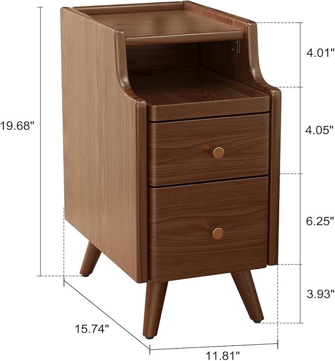 AQIMUELE Small Nightstand with Drawers, Solid Wood Bedside Table, Narrow Walnut Nightstand for Bedroom