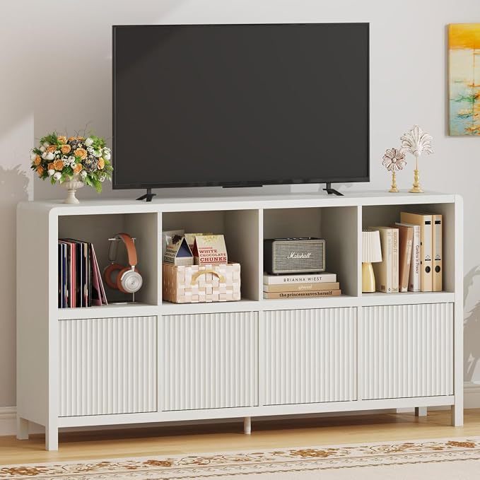 FATORRI Bookcase 8 Cube Storage Organizer, Horizontal Bookshelf with 4 Doors, Long Wooden Book Shelf for Home Office, Bedroom, Entryway (Antique White)