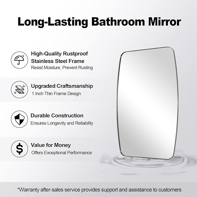 ANDY STAR Brushed Nickel Mirror, 28x36 Inch Stainless Steel Metal Frame Oblong Bathroom Mirror for Vanity, 1’’ Deep Wall Mounted Vertically/Horizontal