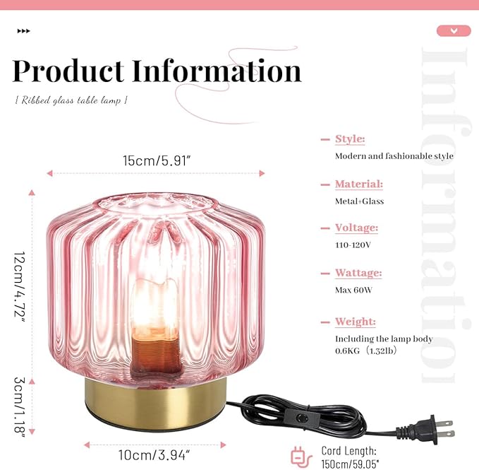 Small Lamp of 2 Pink Glass Table Lamps with Touch Table Metal Base, Mid Century Modern Table Lamps Mini Table Lamp nightstand lamp Gold Desk lamp for Bedside Bedroom Living Room Office