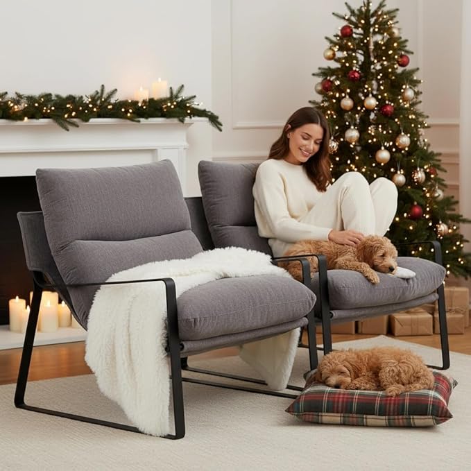 LukeAlon Modern Linen Accent Armchairs Set of 2, Upholstered Living Room Chairs with Metal Base Thickened Cushion Single Sofa Chairs Comfy Lounge Chairs for Bedroom Living Room, Grey