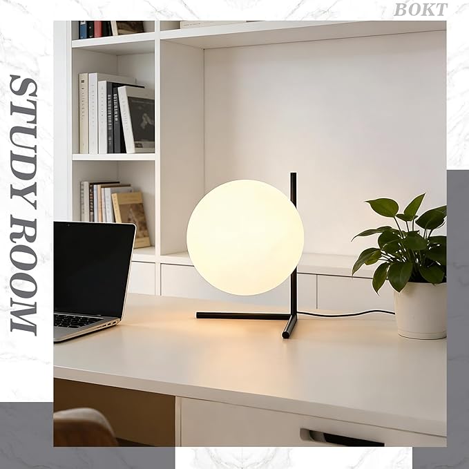 BOKT Modern Mid Century Matte Black Globe Table Lamp Post Modern Mini White Glass Desk Lamp Industrial Farmhouse Nightstand Bedside Lamp Lighting Fixture