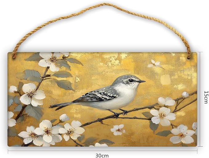 Artistic Retro Bird on Floral Branches Wooden Wall Art, Luxe Home Decors for Vintage Enthusiasts, 12x6 Inch Wood Sign to Add Glamour to Your Bedroom