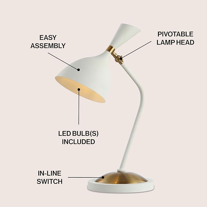 JONATHAN Y JYL9065B Albert 21.5" Iron Retro Mid-Century LED Table Lamp Contemporary Glam Bedside Desk Nightstand Lamp for Bedroom Living Room Office College Bookcase, White/Brass Gold