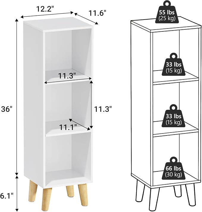 3 Cube Storage Organizer with Legs, 3 Tier Cube Low Bookcase Freestanding Storage Display Organizer for Home Office, Three-Cubes Open Shelf Short Bookshelf (White, 3 Cube)