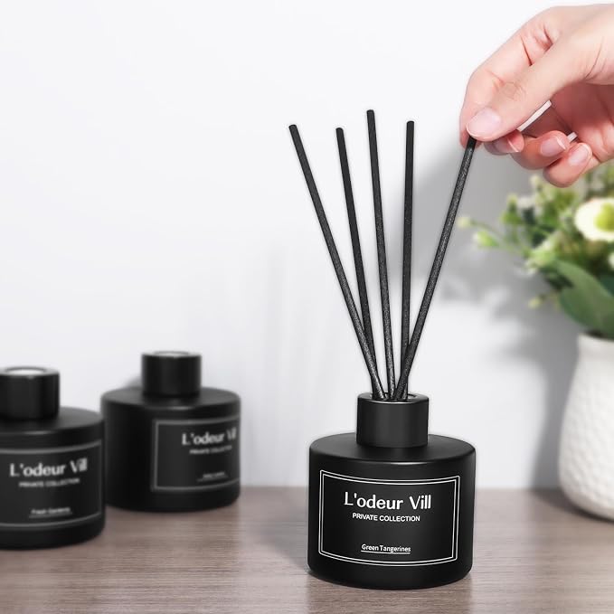 L'odeur Vill Reed Diffuser, 3.4oz(100ml) Green Tangerines Reed Diffuser Set with 6 Oil Diffuser Sticks, Matte Black Aroma Scent Diffuser, Long Lasting Home Fragrance for Bathroom Shelf Decor